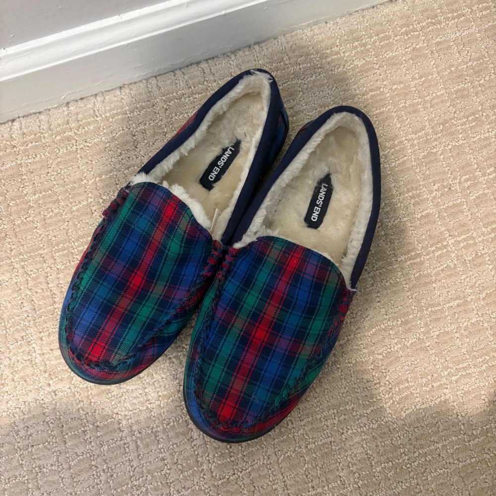 Lands' End Moccasin Slippers Mens 8 Multicolor Plaid Faux Fur Lined Cozy